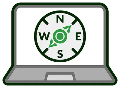 A laptop computer with a compass on the screen.