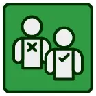 A couple of people standing next to each other with a check mark on their chests.