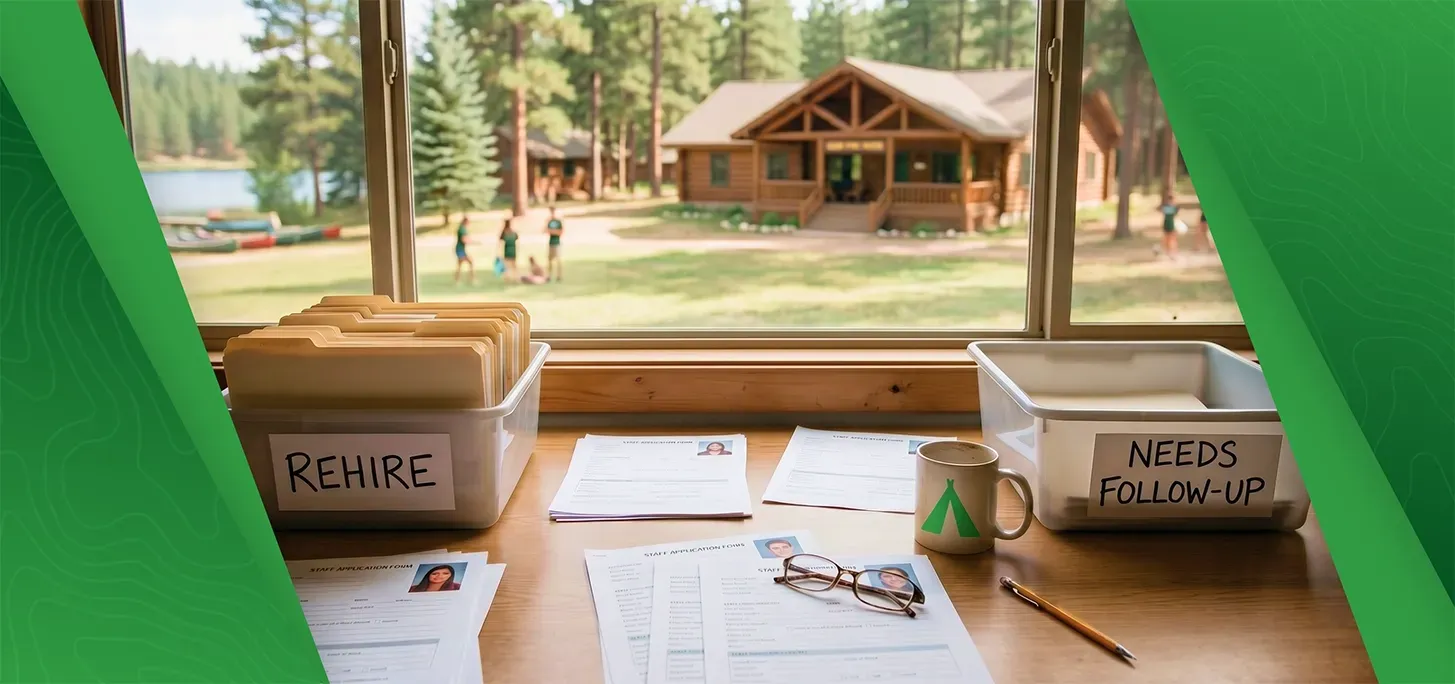 Desk with papers and labeled boxes, facing a cabin window with trees outside