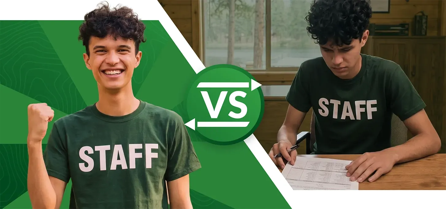 Split-screen of a smiling STAFF member and a focused STAFF member with a green “VS” badge