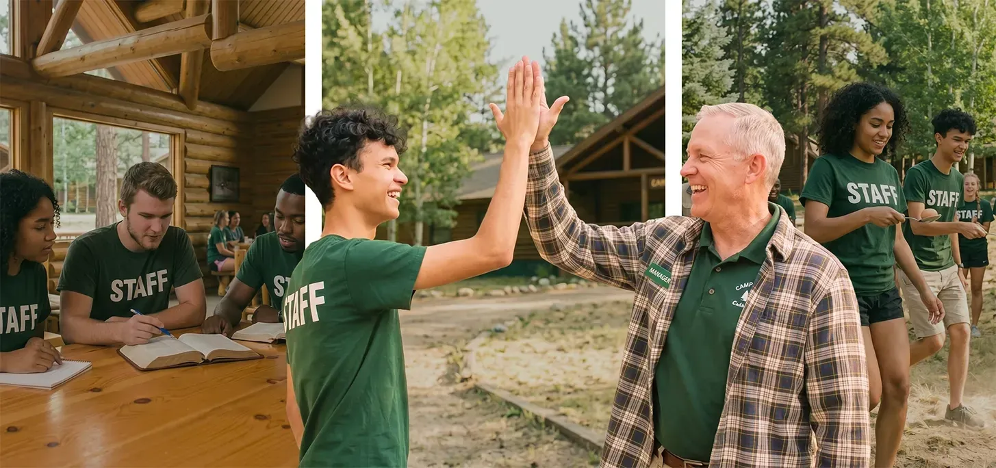 Two people high-five outdoors near a wooden pavilion, with staff members in the background