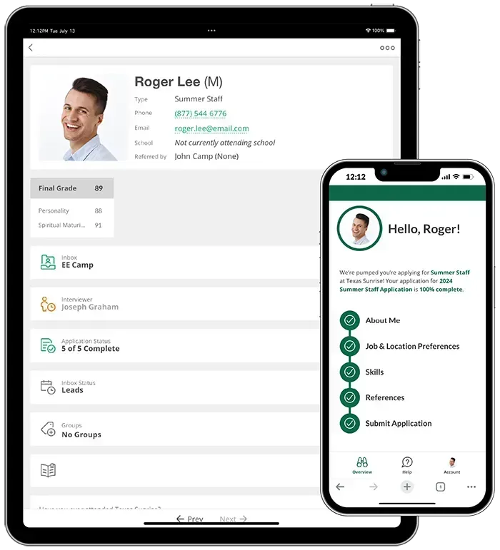 Tablet and phone showing a healthcare app dashboard with profile and menu icons