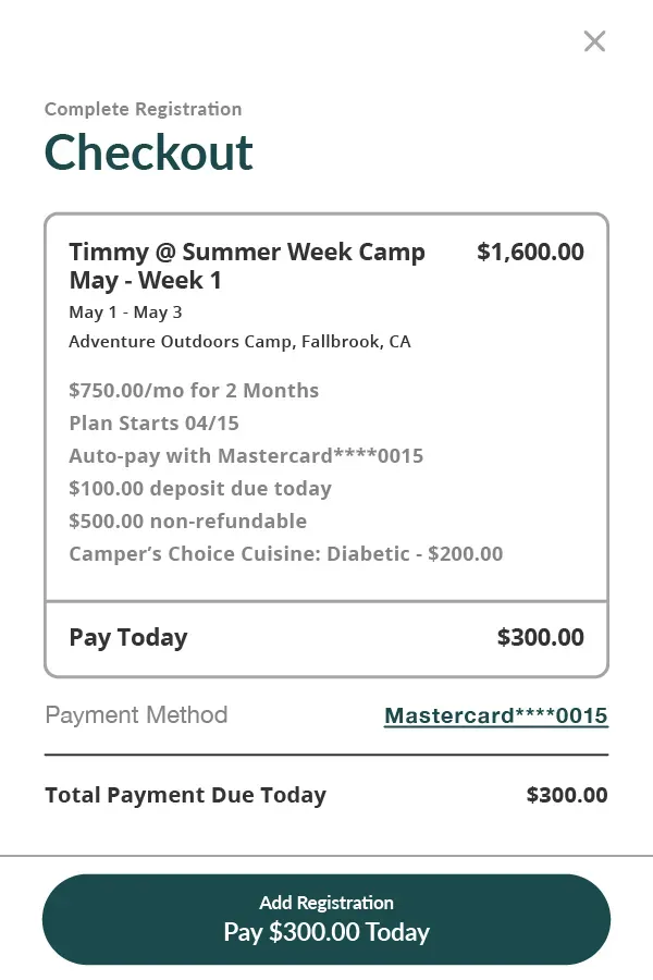Example checkout screen for a monthly payment plan and optional meal purchase, iCampPro