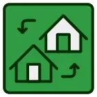 A green sign with two houses and arrows pointing in opposite directions.