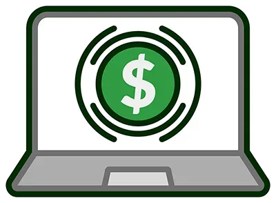 A laptop computer with a dollar sign on the screen.