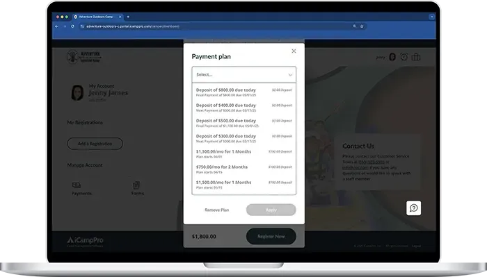 Payment Plan selection menu in iCampPro software
