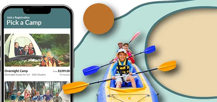 Image of cell phone with camp listing and a family having fun at camp.