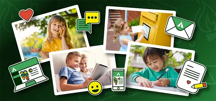 Helping camp friends stay in touch - photos and emojis of kids using mail, video, calls, text.
