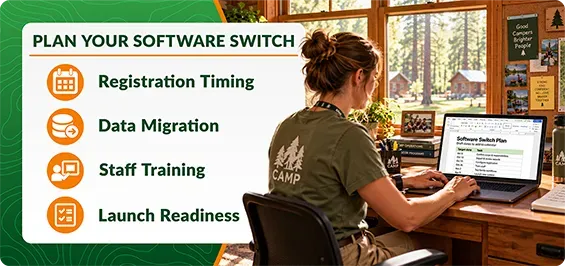 Plan Your Software Switch slide on a laptop beside a desk with notes and plants