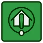A green square with a house and an exclamation point inside of it.