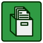 A green icon of a filing cabinet filled with papers.
