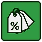 A stack of tags with percentages on them on a green background.