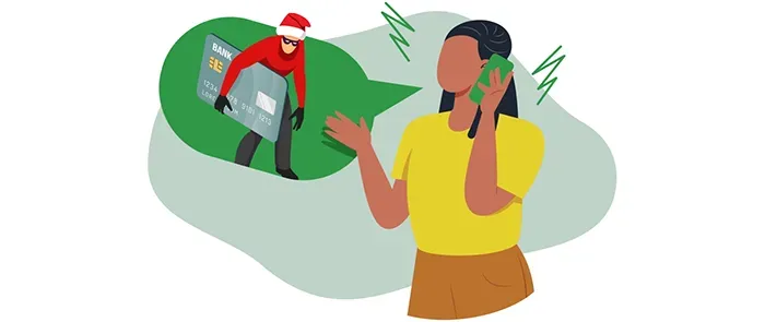 A woman is talking on a cell phone with a speech bubble about a man in a Santa hat stealing a credit card.