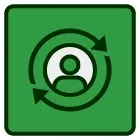 A green square with a person in a circle with two arrows around it.