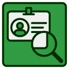 An icon of a badge with a magnifying glass next to it.