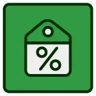A green square with a white tag with a percent sign on it.