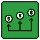 A green icon with three dollar signs and three arrows pointing up.