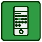 An icon of a cell phone on a green background.