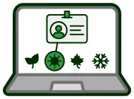 A laptop computer with a badge , leaves , and snowflakes on the screen.