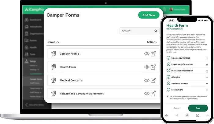 Image of desktop computer screen and phone with iCampPro camp form screens opened.