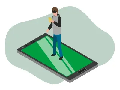 A man in a mask is standing on top of a cell phone.