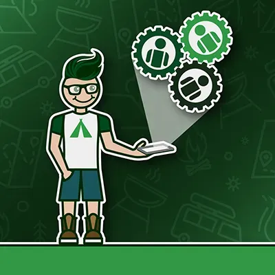 A cartoon of a man holding a tablet with gears coming out of it.