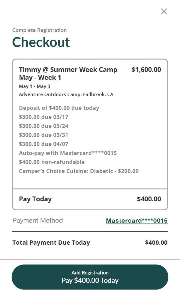 Example checkout screen of weekly payment plan and optional meal purchase, iCampPro