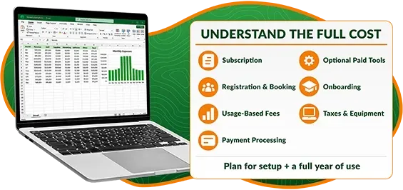 Laptop with green cost-analysis dashboard and checklist