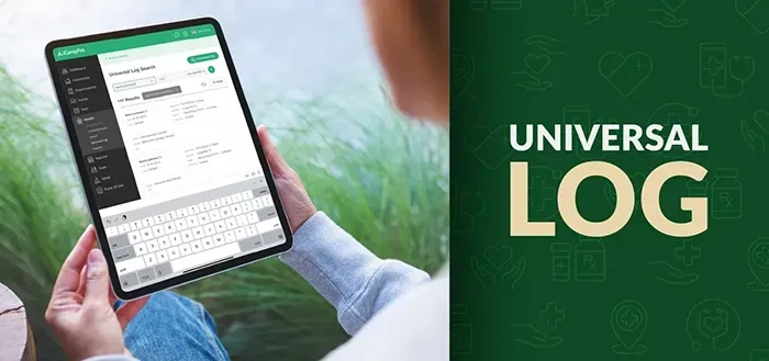 Image of staff using a tablet with the Universal Log health search tool. Text: 