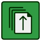 A stack of papers with an arrow pointing up in a green square.