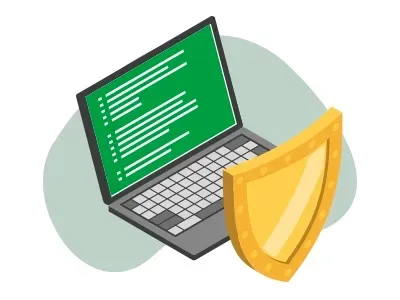 An illustration of a laptop with a shield next to it.