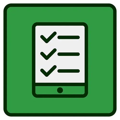 An icon of a tablet with a checklist on it.