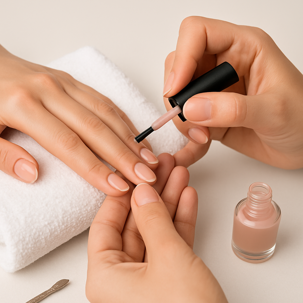 A woman is getting her nails done at a nail salon