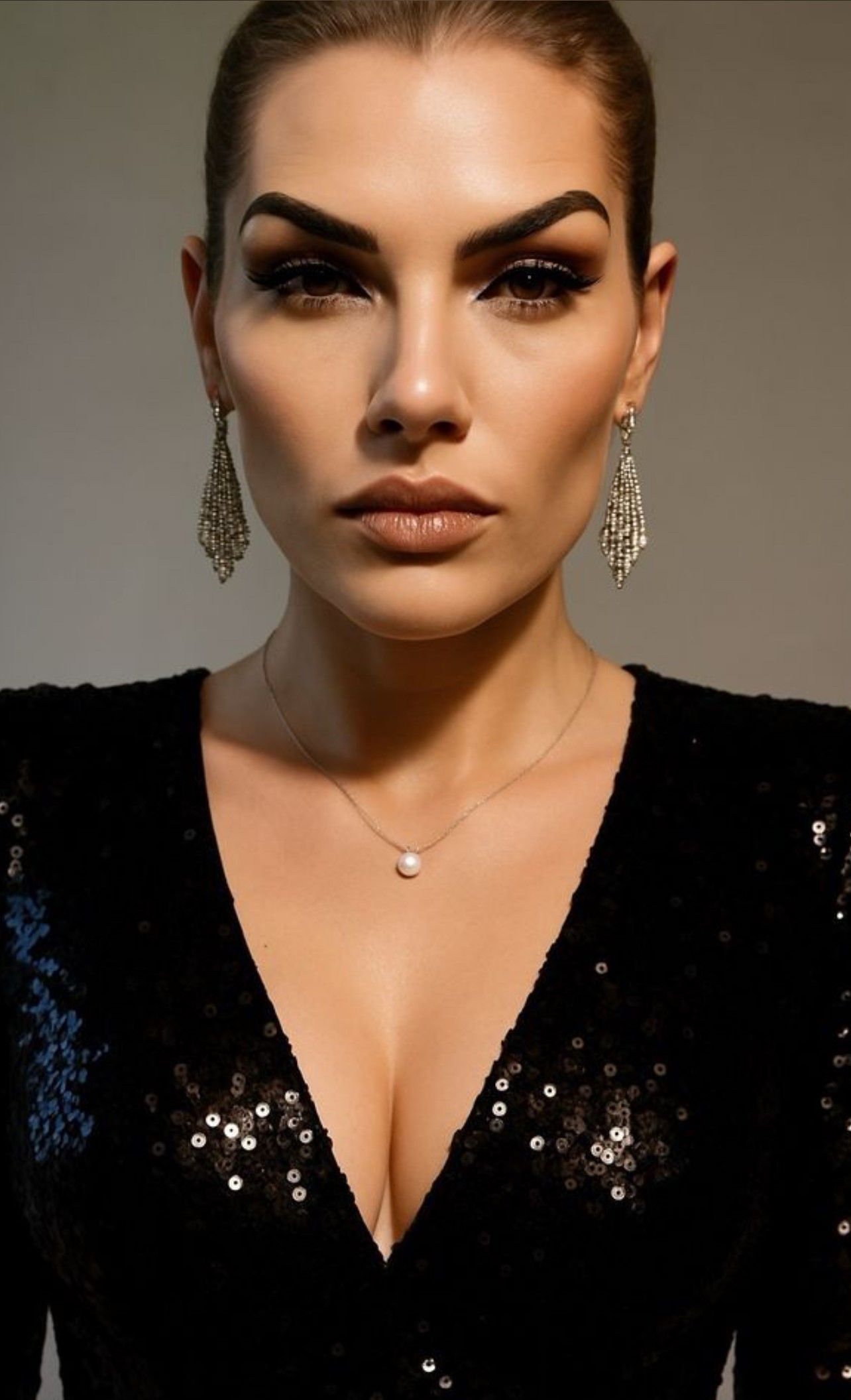 Woman with shaved head and sparkling black top, wearing earrings and a necklace, staring intently.