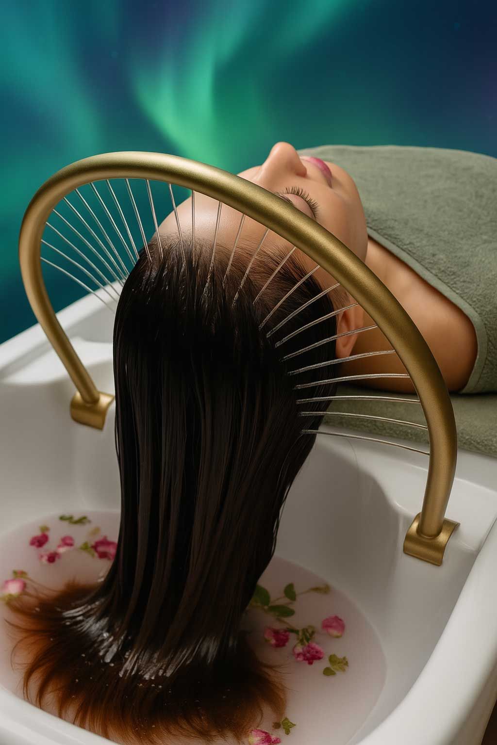 A woman is getting her hair washed in a sink