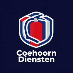 Het logo van Coehoorn Diensten op een donkerblauwe achtergrond, met een rood-wit schildpictogram en witte tekst.