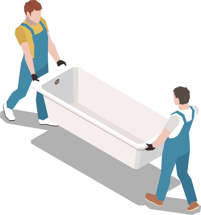 Zwei Männer tragen eine Badewanne auf einem Wagen.