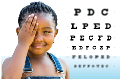 A little girl is covering her eye in front of a eye chart