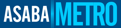 A blue and white logo for asaba metro