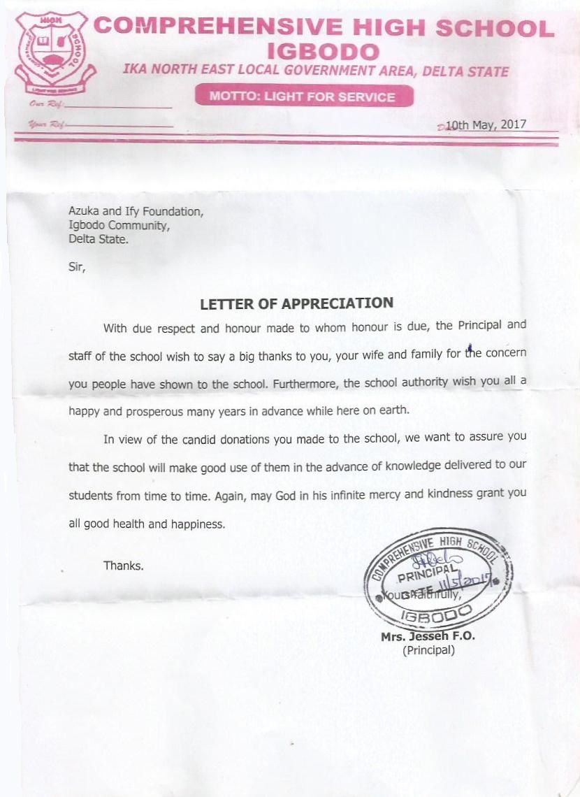 A letter of appreciation from comprehensive high school