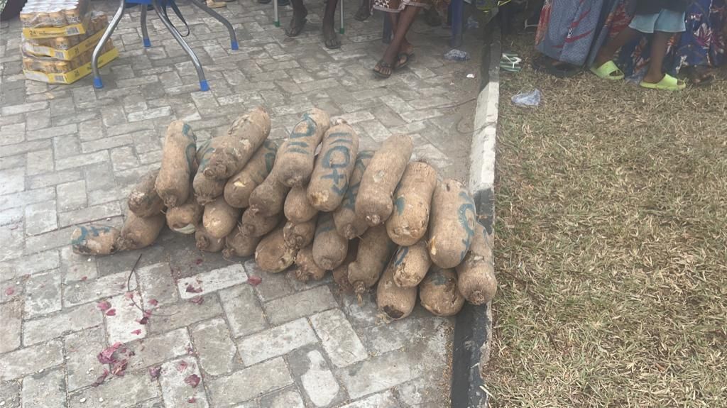 A pile of potatoes sitting on top of a brick sidewalk.
