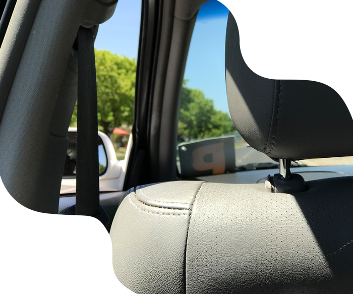 Interior car view: gray leather seat, seatbelt, window with green trees and blue sky.