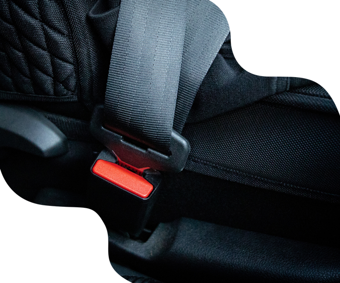 A close-up of a black car seat with a gray seatbelt buckled. The buckle is red.