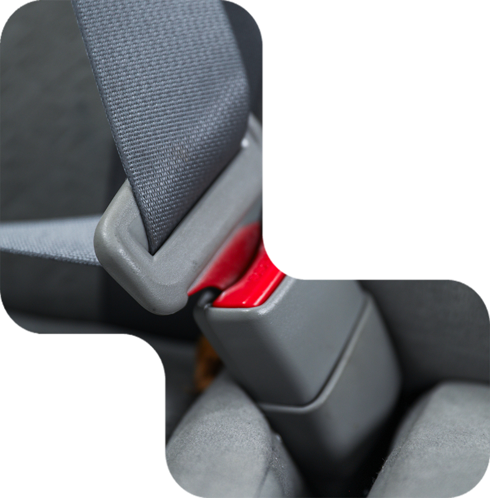Gray seatbelt buckled, red release button.