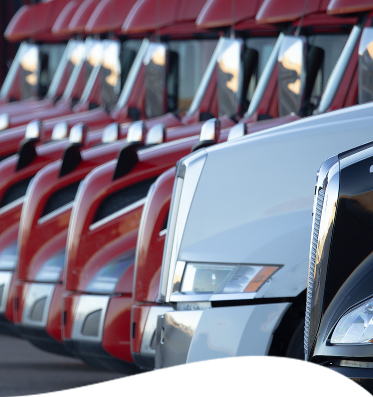 Row of red and white semi-trucks parked in a line, against a dark background.