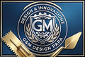 Logo GM blu e oro con emblema circolare &ldquo;Design & Innovazione&rdquo; e utensili dorati su sfondo scuro.