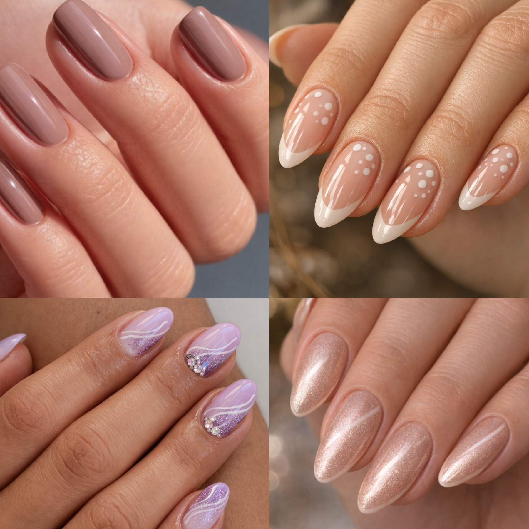 Explore elegant spring 2026 nail designs featuring glossy mauves, soft French tips, pearl finishes, 
