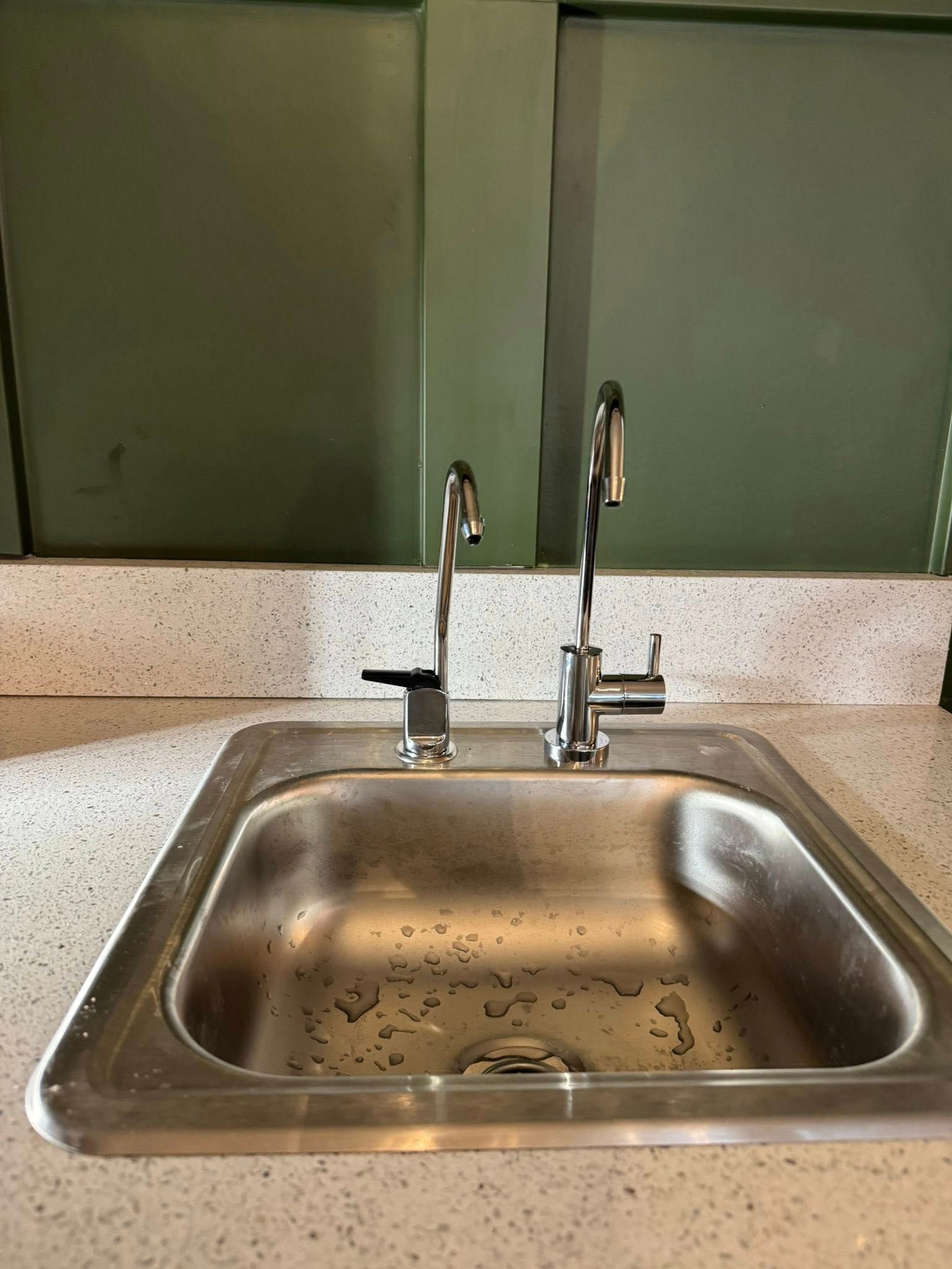 Stainless steel kitchen sink with two faucets in front of green cabinet doors.