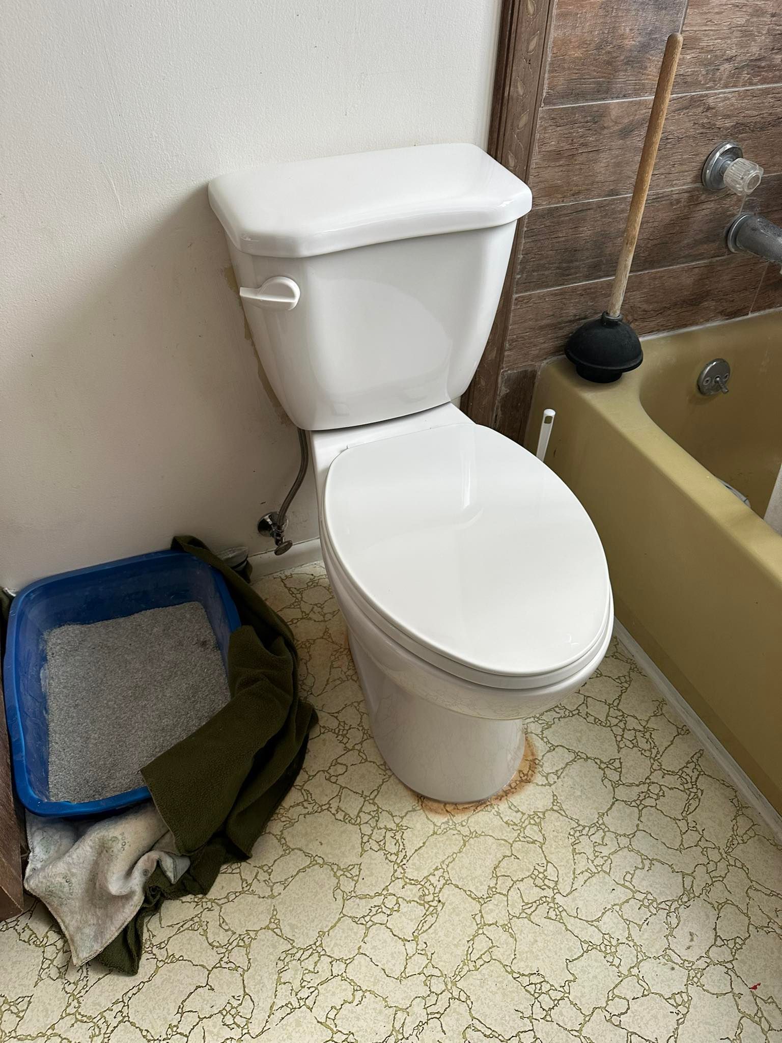White toilet beside a beige bathtub, with a blue litter box and cleaning cloth on the floor.