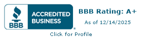 BBB Accredited Business logo, A+ rating as of 12/14/2025. 